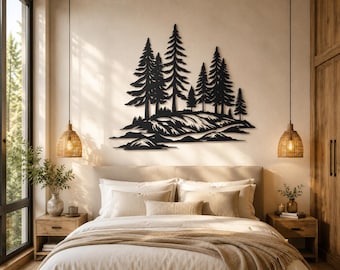 Pine Tree Metal Wall Art, Rustic Mountain Landscape Decor