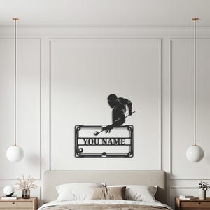 Custom Billiards Player Metal Wall Art with Personalized Name Sign, Pool Table Silhouette Decor, Game Room, Bar, or Man Cave Gift