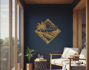 Arte mural metálico de playa tropical, decoración de atardecer con palmeras