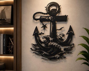 Metal Anchor Wall Art, Nautical Waves Decor, Maritime Artwork