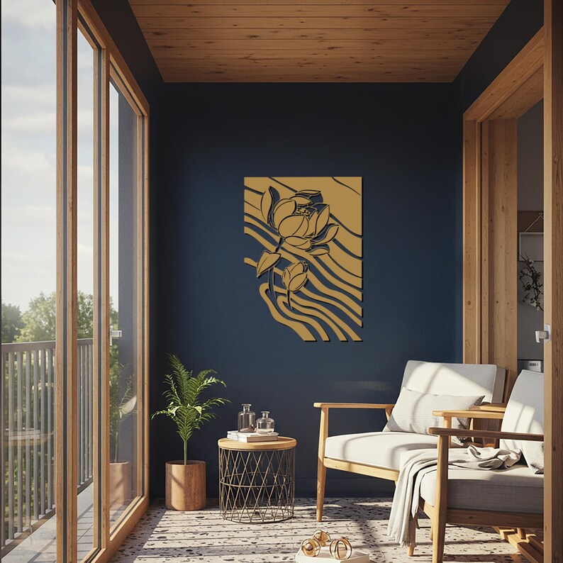 Modern metal wall art decor hanging on an interior wall, minimalist laser cut metal sign for home, office, living room or outdoor decoration.