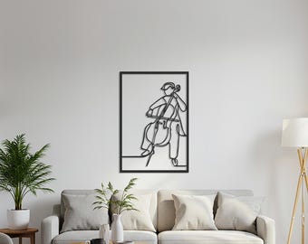Metalen muurkunst cellospeler – Minimalistische muziekkamerdecoratie