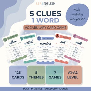 Può includere: Un gioco di carte di vocabolario intitolato 5 CLUES 1 WORD di SERENGLISH. Il set include 125 carte suddivise in 5 temi: Colori e Forme, Sentimenti e Tratti, Tempo e Meteo, Abbigliamento e Verbi. Ogni carta elenca cinque parole correlate.