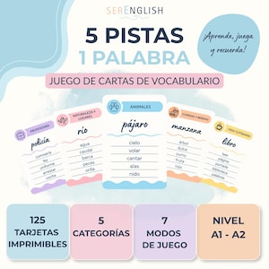 Puede incluir: Un juego de cartas de vocabulario titulado 5 PISTAS 1 PALABRA con 125 tarjetas imprimibles en 5 categorías y 7 modos de juego para niveles A1-A2. Las tarjetas muestran palabras como policia, rio, pajaro, manzana y libro con términos.