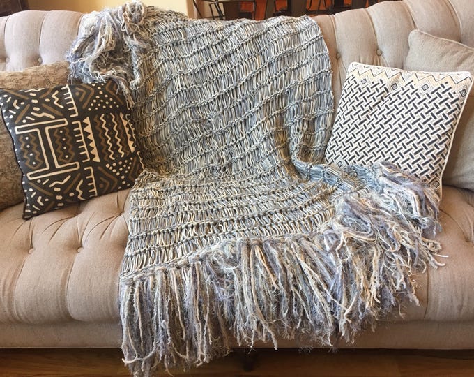 Afghan Cream and Grey Throw Blanket Grey and Cream Blanket Ivory Silver