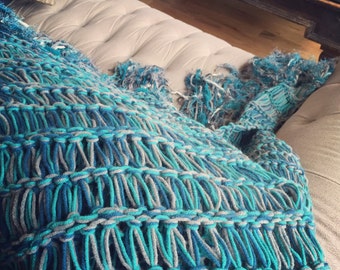 Teal Decor Afghan Teal, Blue Furniture Throw Blanket with Navy and Grey Throw Blanket Afghan