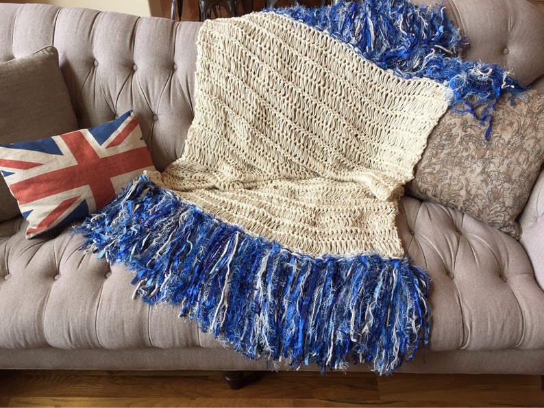 Cobalt Blue, Ivory Cream Fringe Throw Blanket Afghan Lap Warmer Hand Knit Sofa Throw image 4