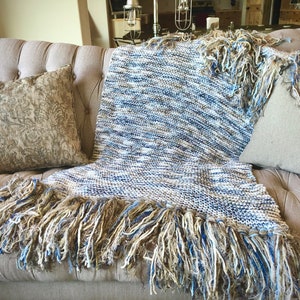 Afghan Throw Blanket. Cozy Knit Winter Blanket Home Decor Accessories Lap Warmer in White, Brown and Blue with Fringe image 1