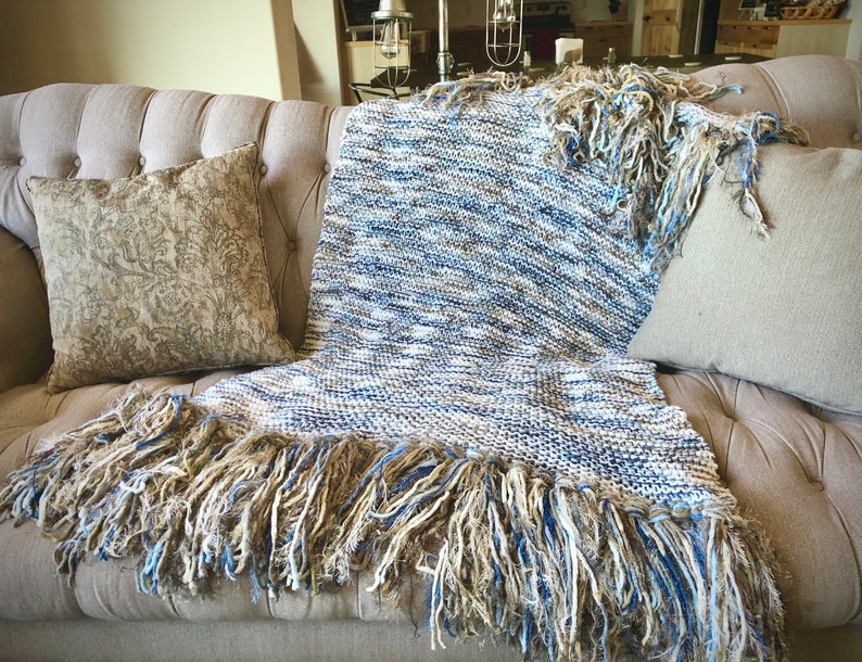 Afghan Throw Blanket. Cozy Knit Winter Blanket Home Decor Accessories Lap Warmer in White, Brown and Blue with Fringe image 1