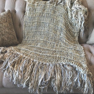 Long Afghan Knit with Ivory, Grey, Cream, Tan, Beige Blanket Fringe Throw Blanket image 1