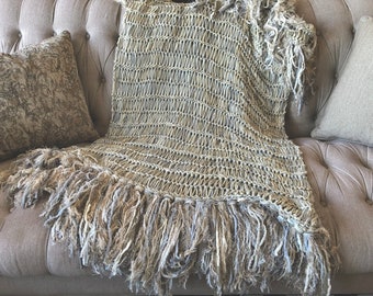 Long Afghan Knit with Ivory, Grey, Cream, Tan, Beige Blanket Fringe Throw Blanket