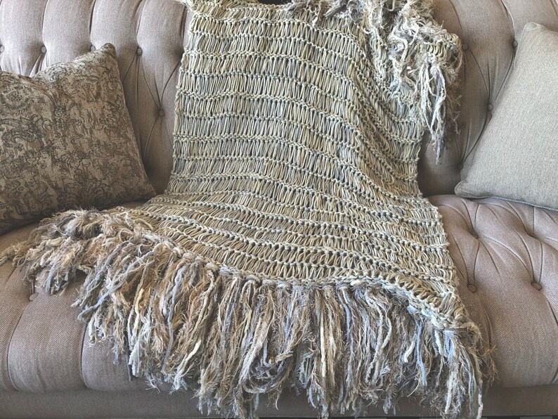 Long Afghan Knit with Ivory, Grey, Cream, Tan, Beige Blanket Fringe Throw Blanket image 1