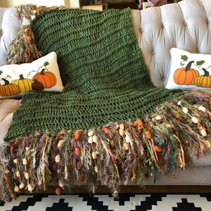 Green Throw Blanket Knit with Dark Green Afghan Forest Green Olive Green Blanket Moss Green Fringe Interior Design Home Decor Accent Multi Fringe n Poms