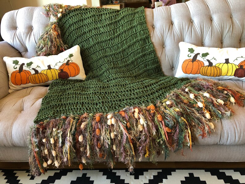 Green Throw Blanket Knit with Dark Green Afghan Forest Green Olive Green Blanket Moss Green Fringe Interior Design Home Decor Accent Multi Fringe n Poms