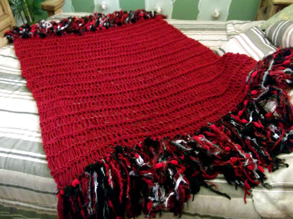 Knit Throw Blanket Dark Red Crimson Scarlet Ruby Fringe Will Etsy