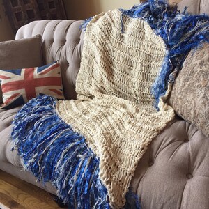 Cobalt Blue, Ivory Cream Fringe Throw Blanket Afghan Lap Warmer Hand Knit Sofa Throw image 8