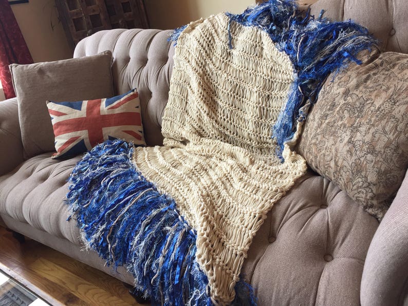 Cobalt Blue, Ivory Cream Fringe Throw Blanket Afghan Lap Warmer Hand Knit Sofa Throw image 8