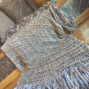 Long Afghan Knit with Ivory, Grey, Cream, Tan, Beige Blanket Fringe Throw Blanket image 3