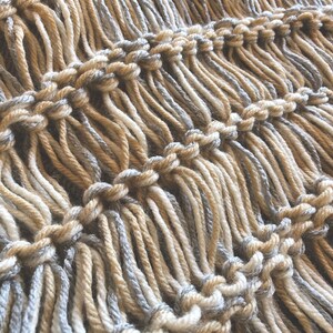 Long Afghan Knit with Ivory, Grey, Cream, Tan, Beige Blanket Fringe Throw Blanket image 2