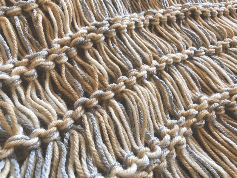 Long Afghan Knit with Ivory, Grey, Cream, Tan, Beige Blanket Fringe Throw Blanket image 2