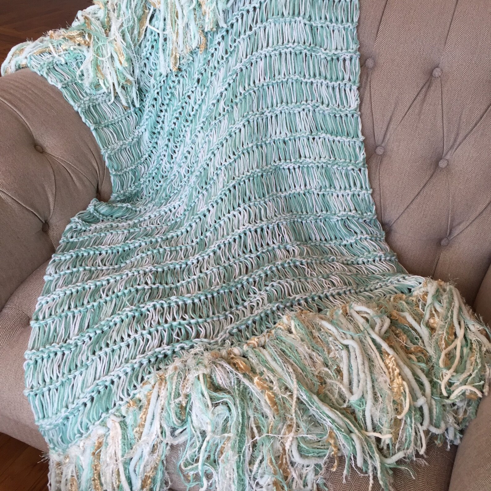 Mint Green Throw Blanket with Gold and Ivory White. Mint Home Etsy