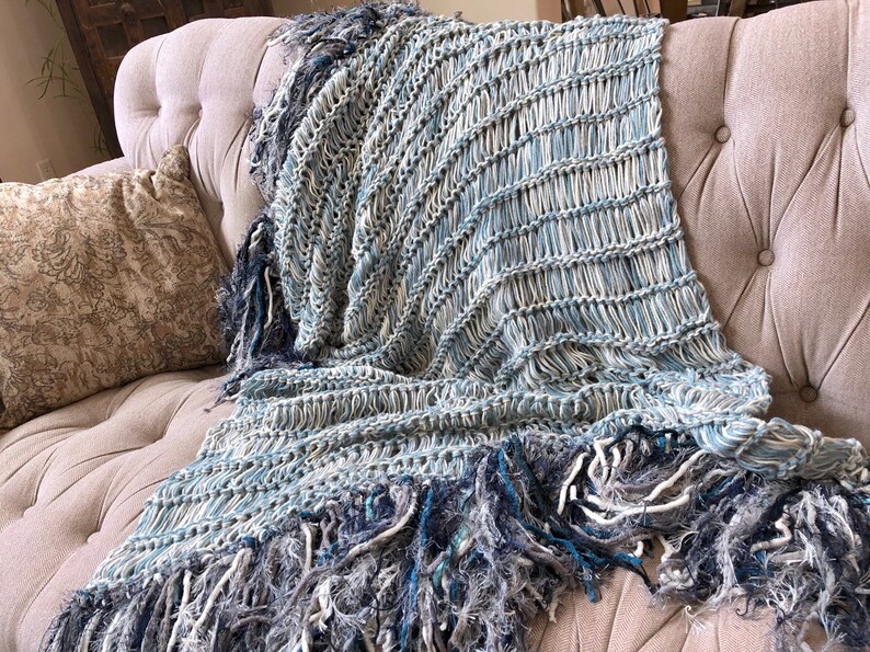 Denim Throw Lap Blanket Blue Knit Afghan Throw for Sectional Sofa Throw Blu-Crm-Gry-Teal