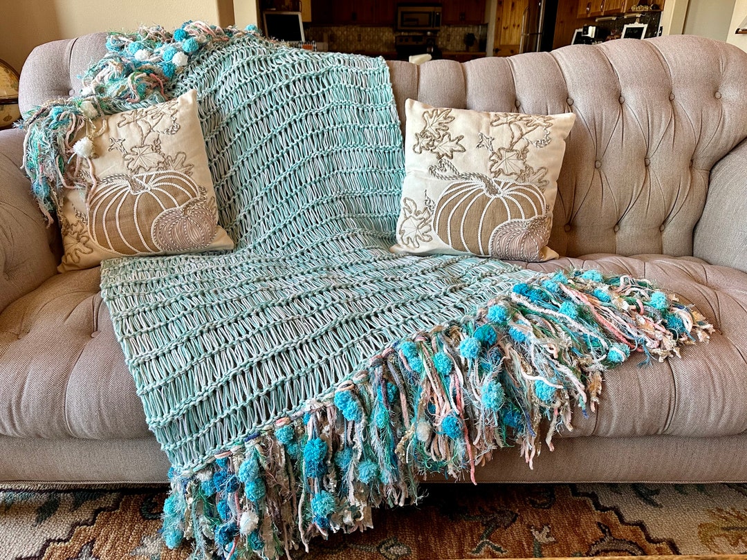 Mint Green Throw Blanket With Ivory or White. Aqua Home Decor Seafoam House Blanket With Fringe