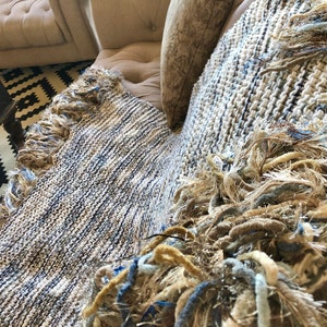 Afghan Throw Blanket. Cozy Knit Winter Blanket Home Decor Accessories Lap Warmer in White, Brown and Blue with Fringe image 4