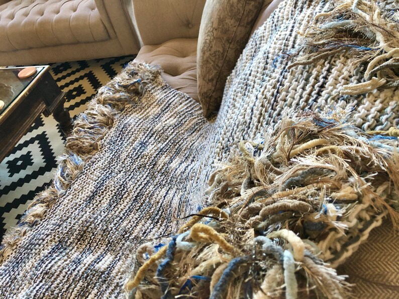 Afghan Throw Blanket. Cozy Knit Winter Blanket Home Decor Accessories Lap Warmer in White, Brown and Blue with Fringe image 4