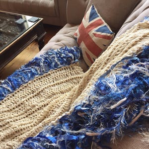 Cobalt Blue, Ivory Cream Fringe Throw Blanket Afghan Lap Warmer Hand Knit Sofa Throw image 1