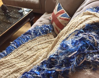 Cobalt Blue, Ivory Cream Fringe Throw Blanket Afghan Lap Warmer Hand Knit Sofa Throw