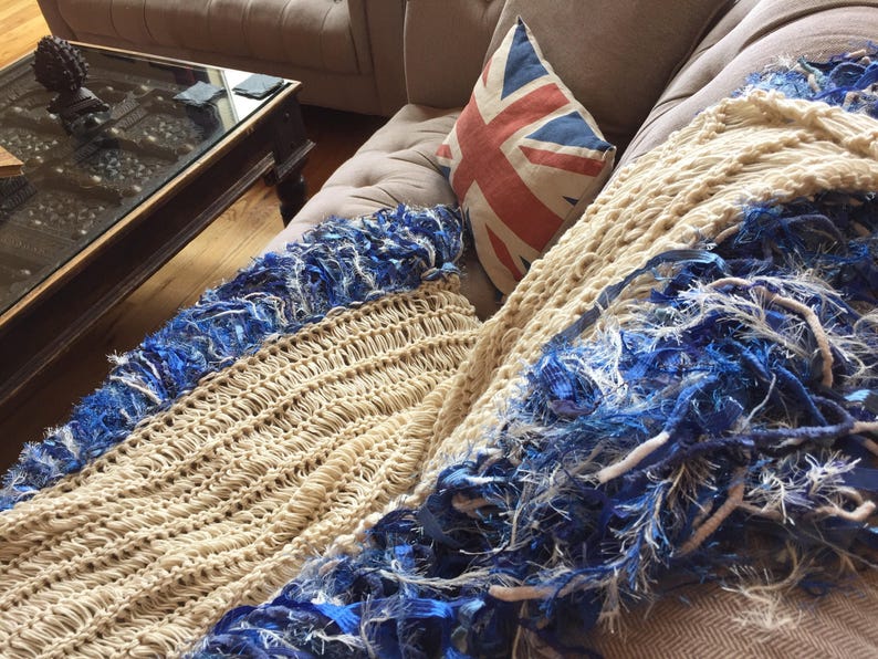 Cobalt Blue, Ivory Cream Fringe Throw Blanket Afghan Lap Warmer Hand Knit Sofa Throw image 1