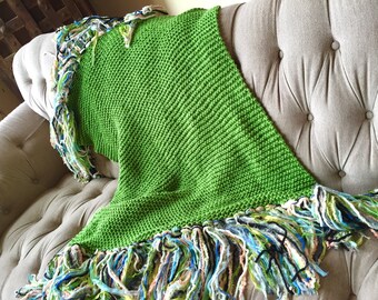 Colorful Throw Blanket Knitted Throw Blanket in Emerald Green Chunky Knit Throw w Peach, Aqua, Cream Fringed Home Decor Afghan