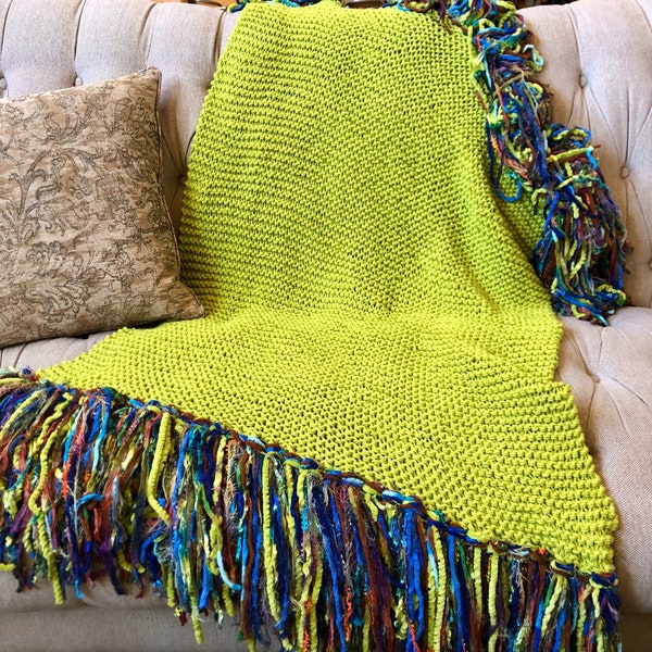 Chartreuse Lime Neon Green Throw Blanket. Chunky Knit Blanket Afghan in Bright Green with Cobalt Navy Blue, Rust, Multi Fringe Home Decor