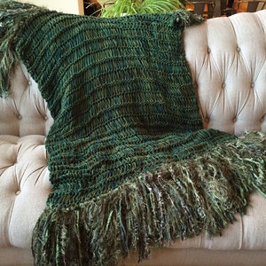 Green Throw Blanket Knit with Dark Green Afghan Forest Green Olive Green Blanket Moss Green Fringe Interior Design Home Decor Accent Med to Deep Greens