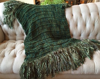 Green Throw Blanket Knit with Dark Green Afghan Forest Green Olive Green Blanket Moss Green Fringe Interior Design Home Decor Accent