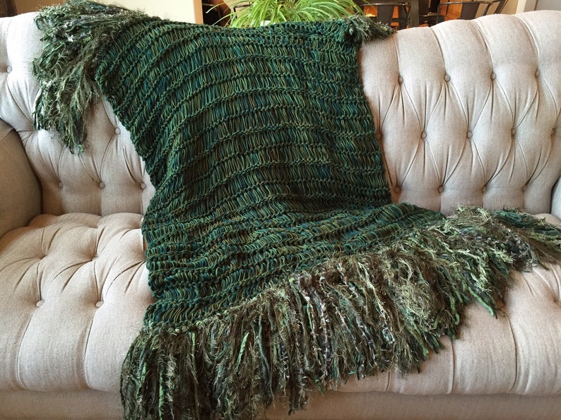 Green Throw Blanket Knit with Dark Green Afghan Forest Green Olive Green Blanket Moss Green Fringe Interior Design Home Decor Accent Med to Deep Greens