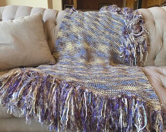 Purple Afghan Hand Knit Blanket with Fancy Fringe (Lavender Throw Blanket with 12 Inch Long Fringe). Plum, Beige, Taupe, Blue