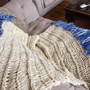 Cobalt Blue, Ivory Cream Fringe Throw Blanket Afghan Lap Warmer Hand Knit Sofa Throw image 6