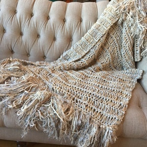 Long Afghan Knit with Ivory, Grey, Cream, Tan, Beige Blanket Fringe Throw Blanket image 5