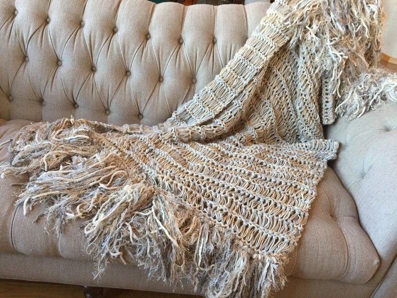 Long Afghan Knit with Ivory, Grey, Cream, Tan, Beige Blanket Fringe Throw Blanket image 5