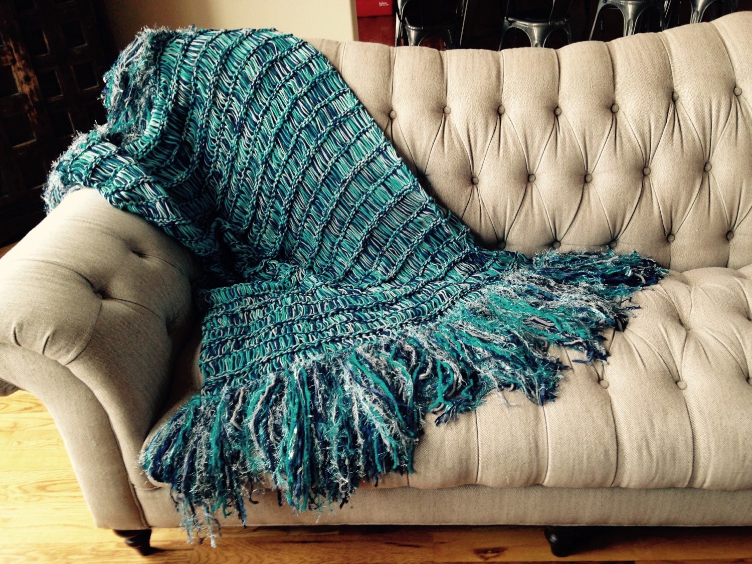 Teal Decor Afghan Teal Blue Furniture Throw Blanket With Navy Etsy