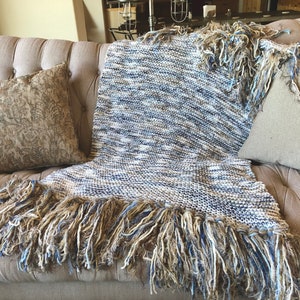 Afghan Throw Blanket. Cozy Knit Winter Blanket Home Decor Accessories Lap Warmer in White, Brown and Blue with Fringe image 6