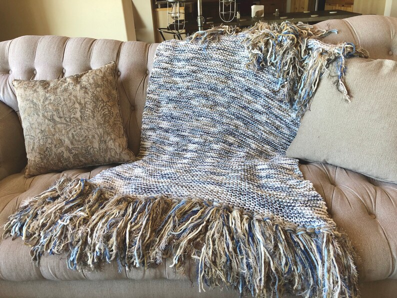 Afghan Throw Blanket. Cozy Knit Winter Blanket Home Decor Accessories Lap Warmer in White, Brown and Blue with Fringe image 6