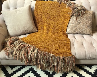 Throw Afghan Blanket with Fringe. Rust Brown, Burnt Orange, Copper, Green. Home Decor Lap Blanket in Earth Tones Throw Blanket