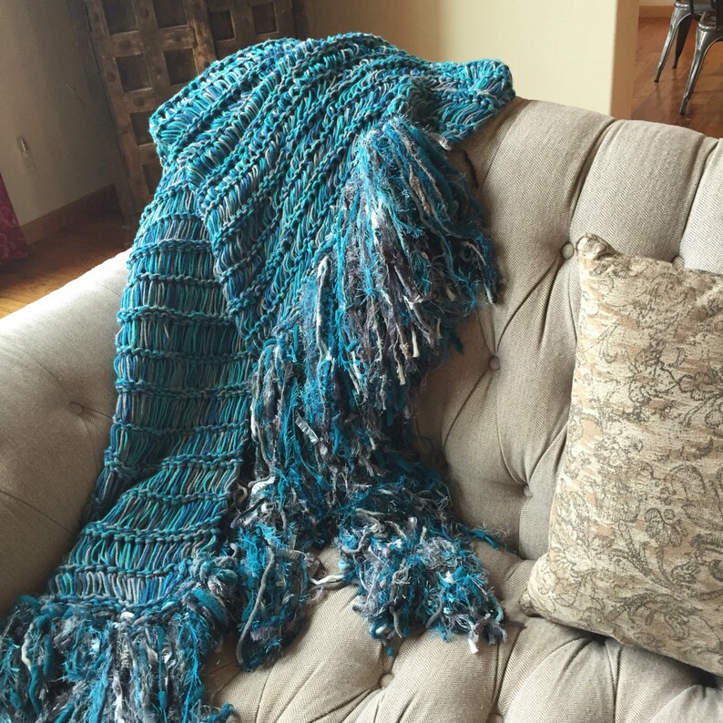 Teal Decor Afghan Teal Blue Furniture Throw Blanket with Navy | Etsy