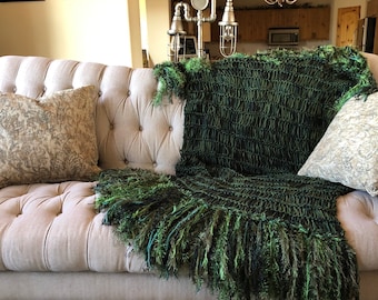 Green and Black Living Room Accent Throw Blanket Fringe Afghan, Dark Green Blanket, Hand Knit Throw