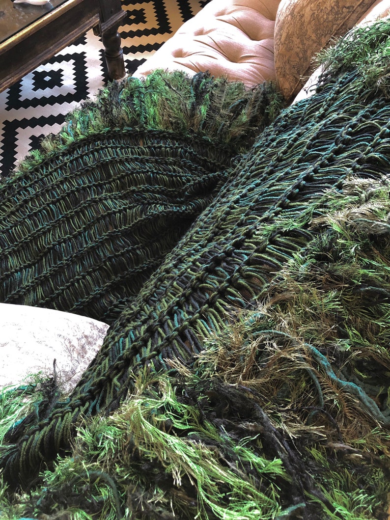 Green Throw Blanket Knit with Dark Green Afghan Forest Green Olive Green Blanket Moss Green Fringe Interior Design Home Decor Accent Green and BLACK