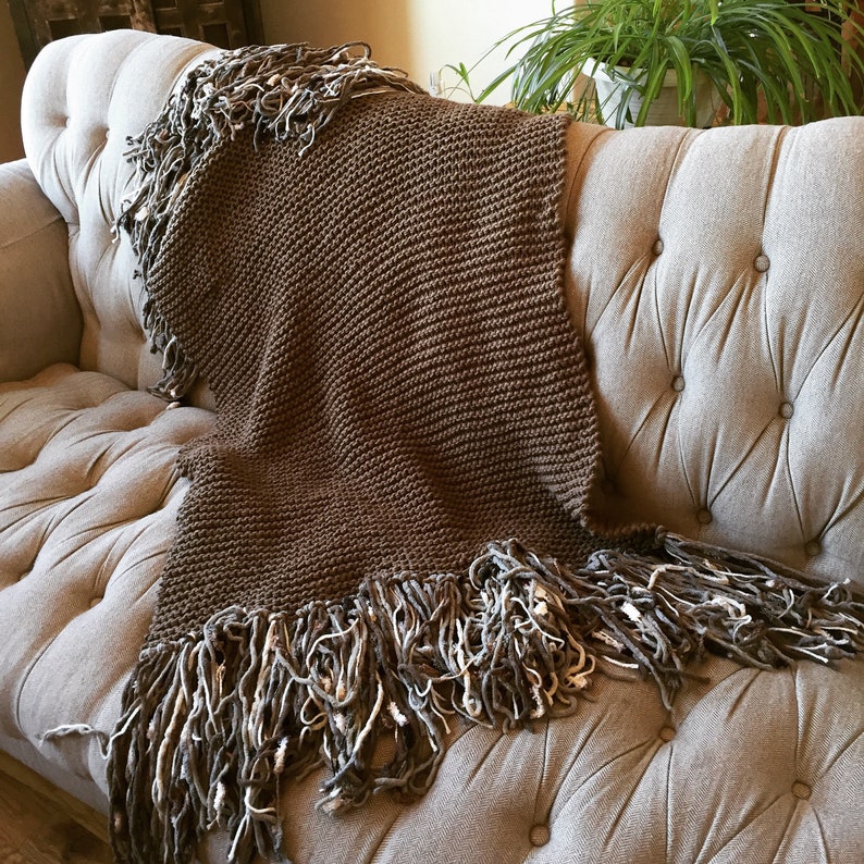 Afghan Throw Blanket. Cozy Knit Winter Blanket Home Decor Accessories Lap Warmer in White, Brown and Blue with Fringe Mocha Mix