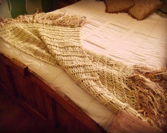 Rustic Beige Lace Afghan, Tan Blanket, Knit Throw Beige Home Decor